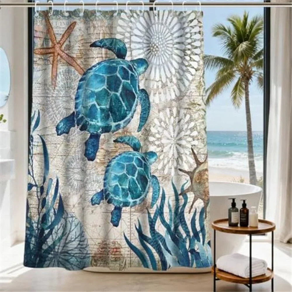 Nautical Green Sea Turtles Beach Theme Fabric Shower Curtain Sets Bathroom Blue